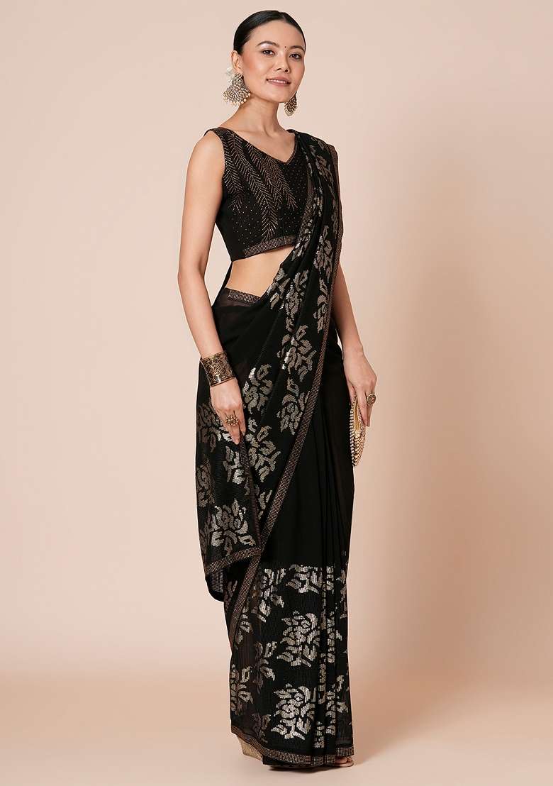 Black Georgette Saree Set with Printed for Diwali | Wedding & Festive Wear - Indya