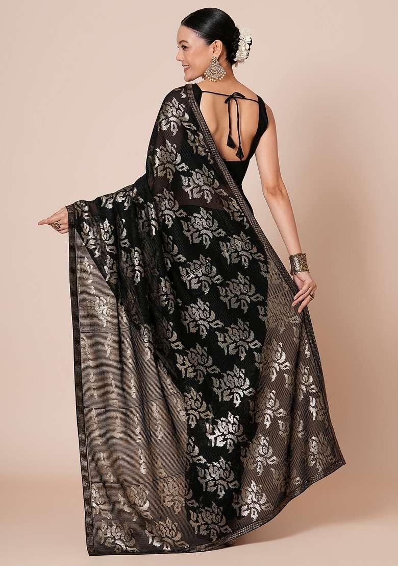 Black Georgette Saree Set with Printed for Diwali | Wedding & Festive Wear - Indya