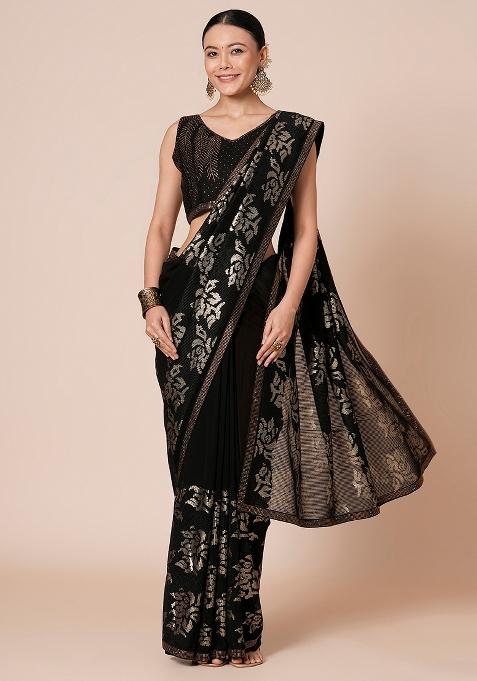 Black Printed Georgette Saree Set — view on Indya