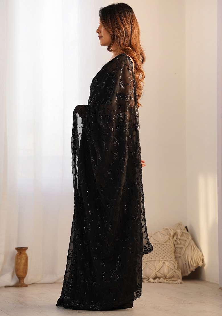Black Georgette Saree Set with Printed for Diwali | Wedding & Festive Wear - Indya