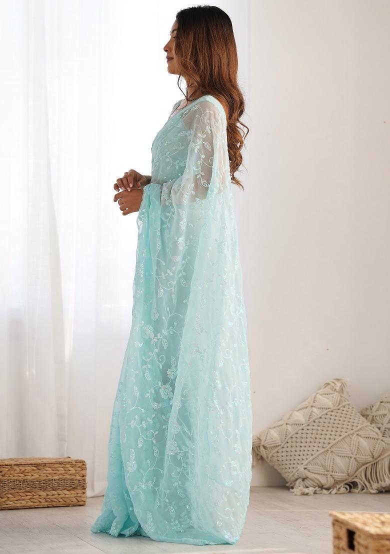 Light Blue Printed Georgette Saree Set - Indya