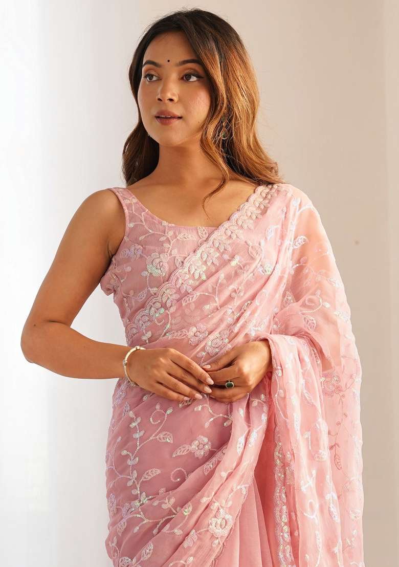 Mauve Georgette Saree Set with Printed for Diwali | Wedding & Festive Wear - Indya