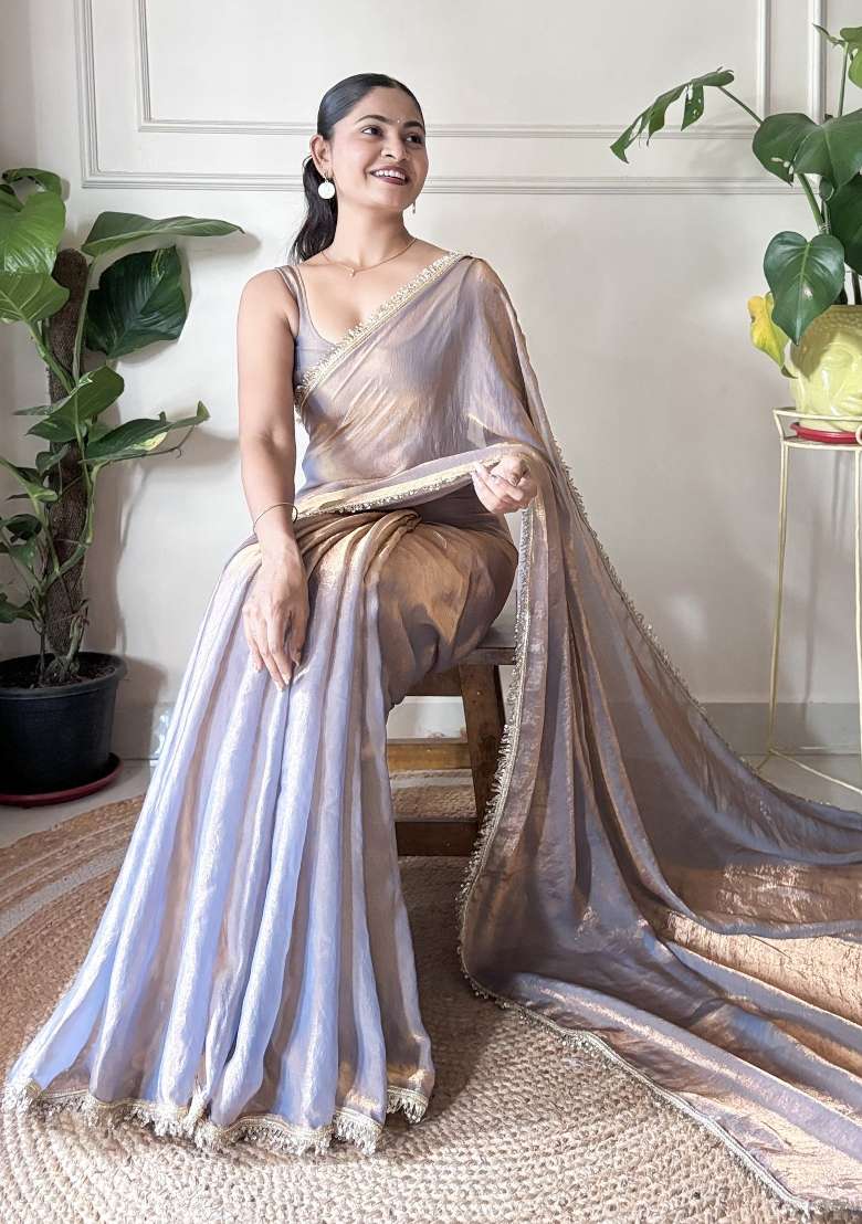 Metallic Paper Silk Blend Saree Set with Printed for Diwali | Wedding & Festive Wear - Indya