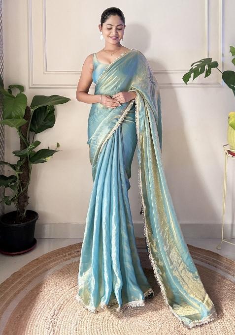 Teal Blue Printed Paper Silk Saree Set