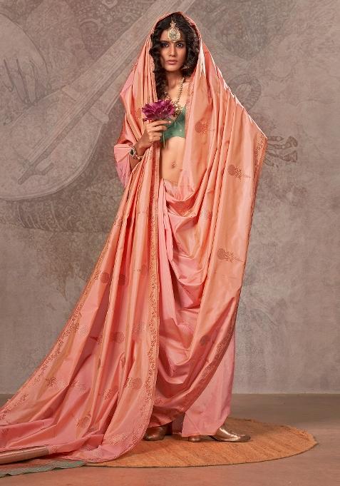 Peach Printed Pure Silk Saree Set — view on Indya