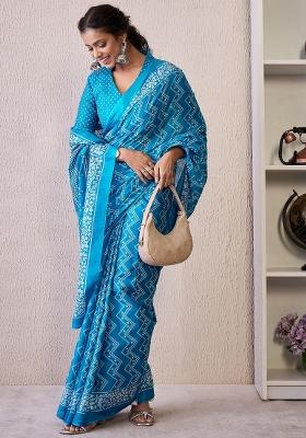 Light Blue Printed Cotton Blend Saree Set