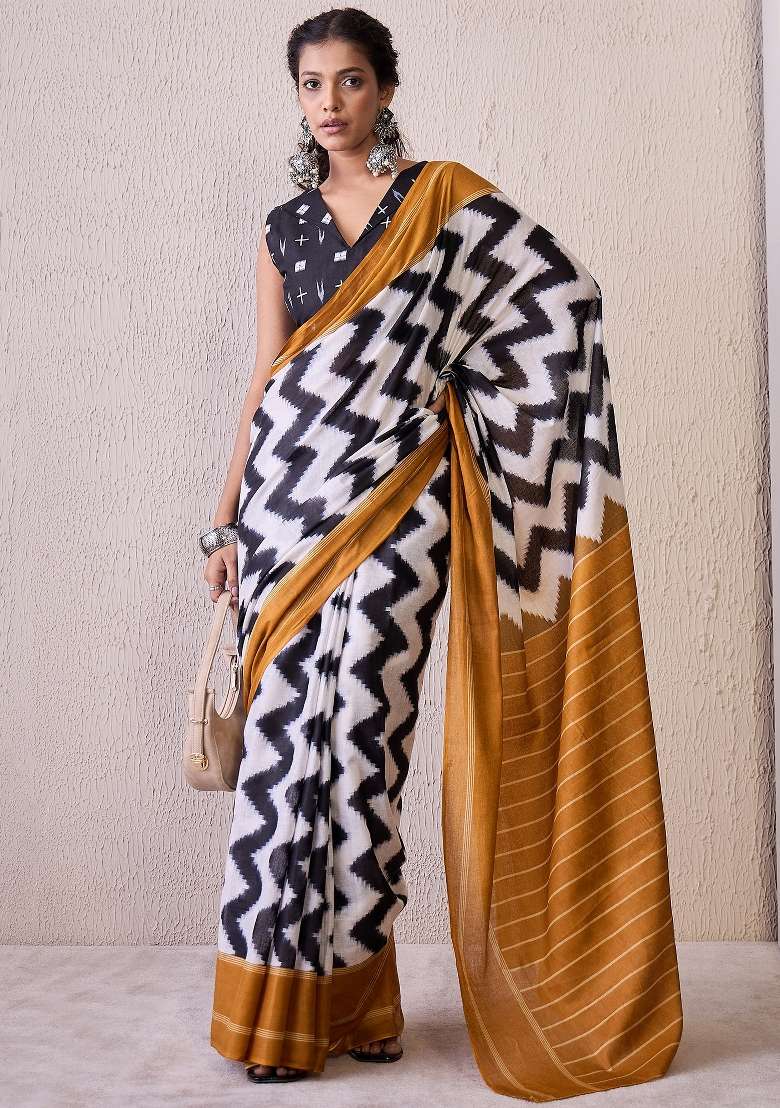 White Blend Cotton Saree Set with Printed for Diwali | Wedding & Festive Wear - Indya