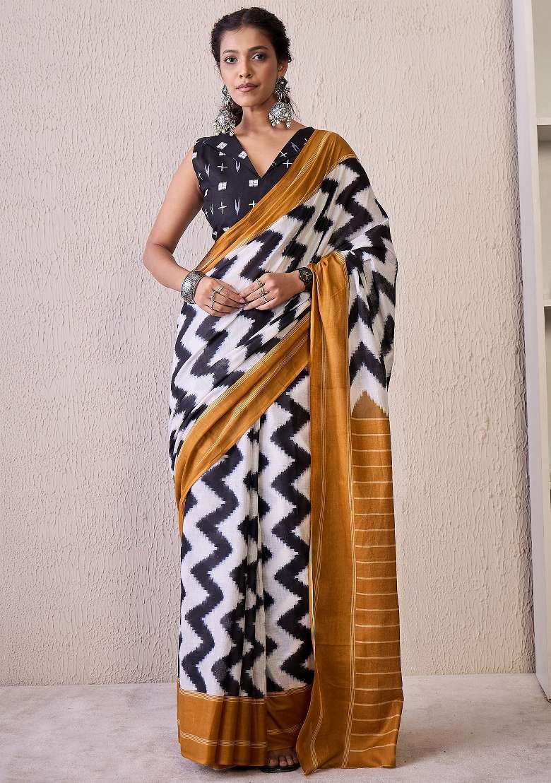 White Blend Cotton Saree Set with Printed for Diwali | Wedding & Festive Wear - Indya
