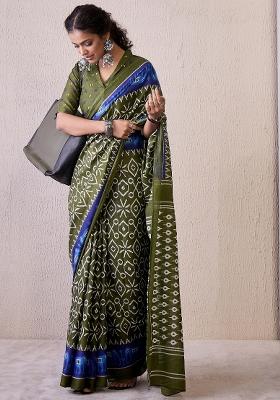 Olive Printed Cotton Blend Saree Set