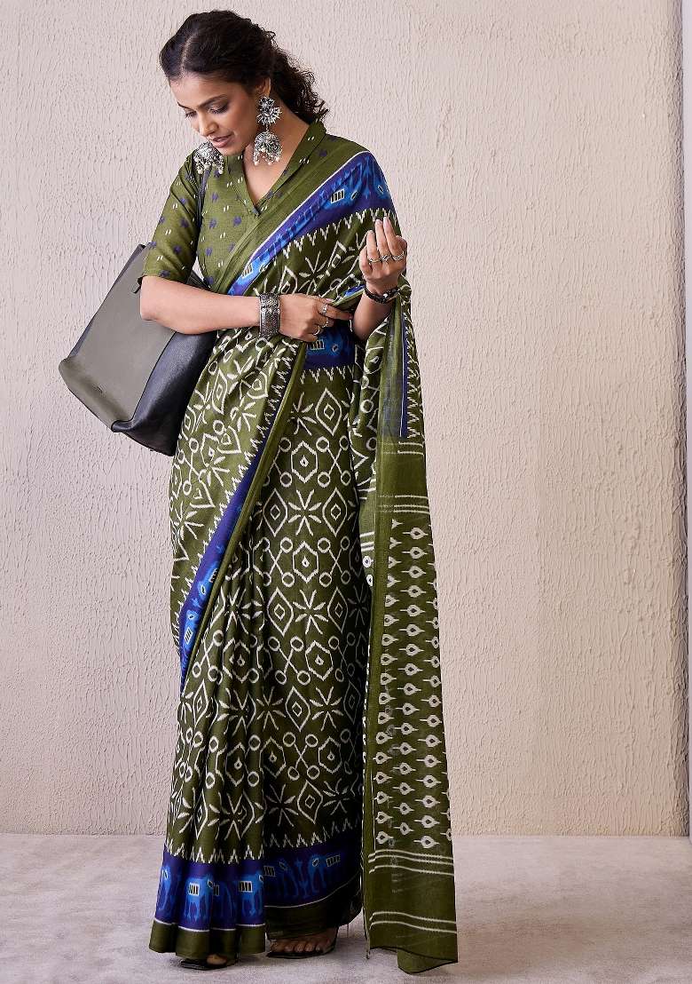 Olive Printed Cotton Blend Saree Set for Diwali and Festive Wear - Indya