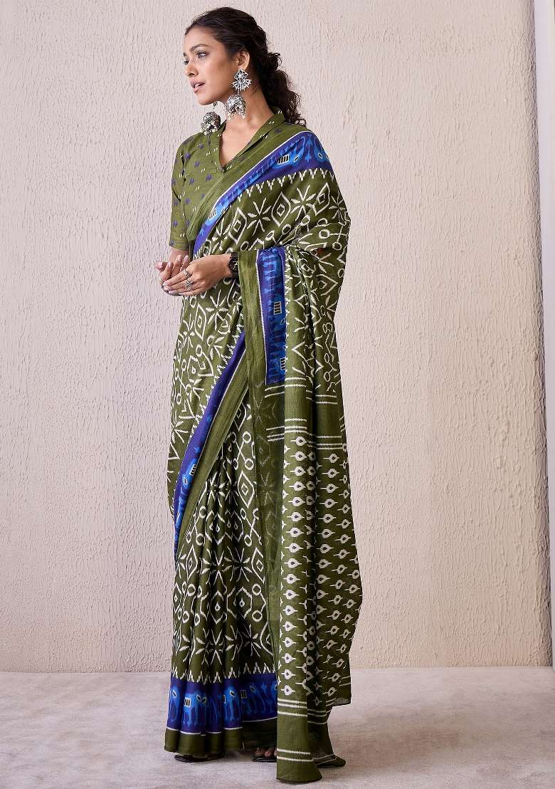 Olive Printed Cotton Blend Saree Set for Diwali and Festive Wear - Indya