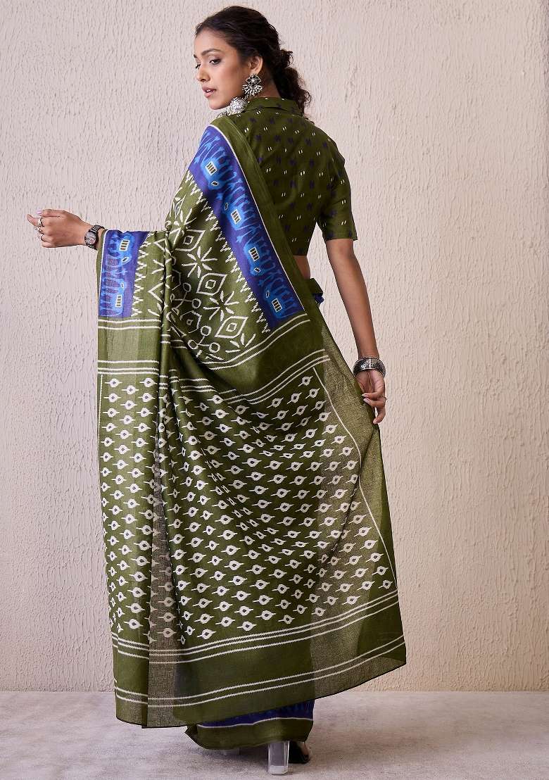 Olive Printed Cotton Blend Saree Set for Diwali and Festive Wear - Indya