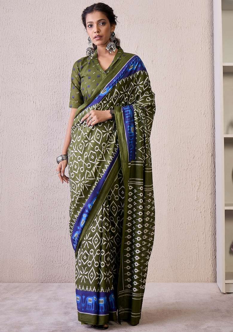 Olive Printed Cotton Blend Saree Set for Diwali and Festive Wear - Indya