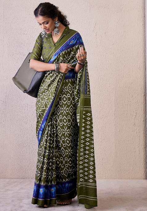 Olive Printed Cotton Blend Saree Set for Diwali and Festive Wear