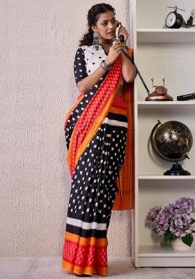 Black Printed Cotton Blend Saree Set
