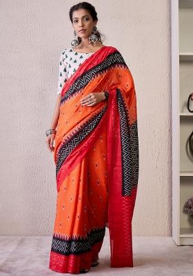 Orange Printed Cotton Blend Saree Set