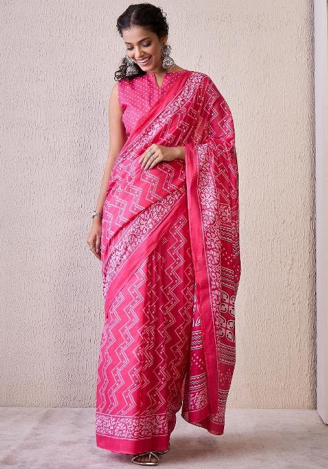 Pink Printed Cotton Blend Saree Set — view on Indya