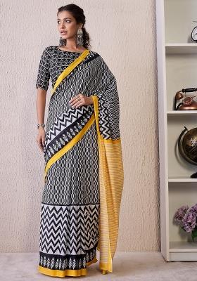 Black Printed Cotton Blend Saree Set
