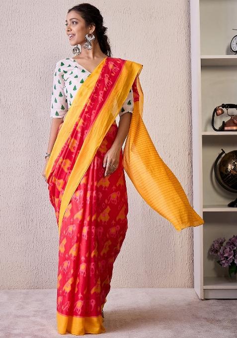 Pink Printed Cotton Blend Saree Set — view on Indya