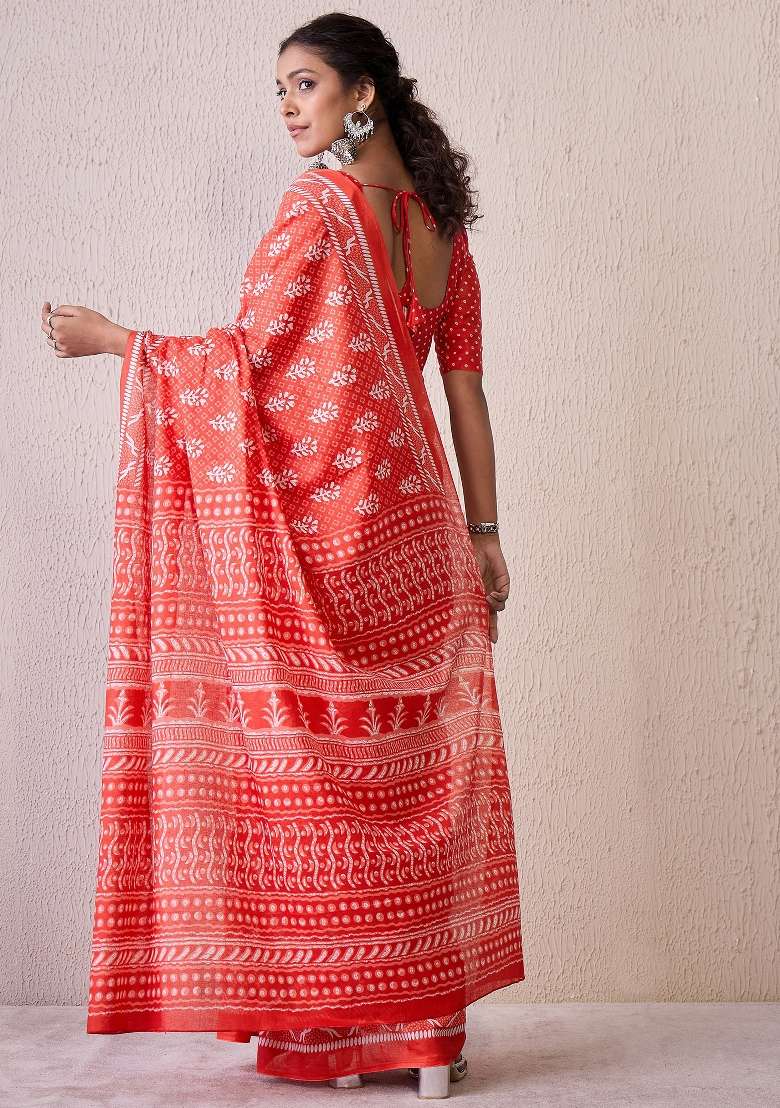Red Blend Cotton Saree Set with Printed for Diwali | Wedding & Festive Wear - Indya