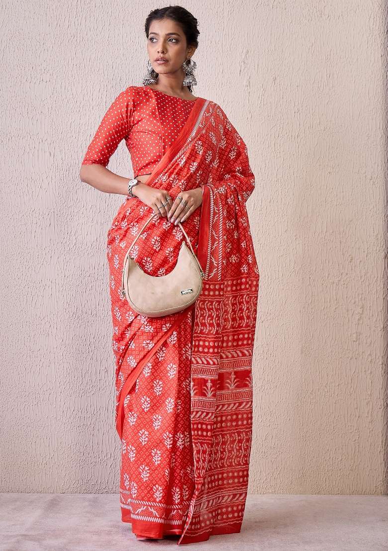 Red Blend Cotton Saree Set with Printed for Diwali | Wedding & Festive Wear - Indya