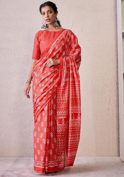 Red Printed Cotton Blend Saree Set — view on Indya