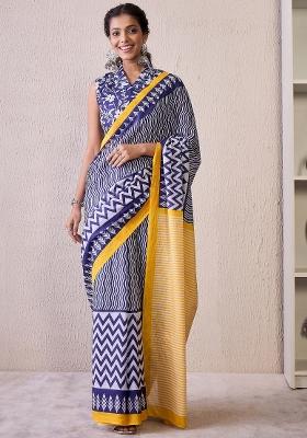 Blue Printed Cotton Blend Saree Set