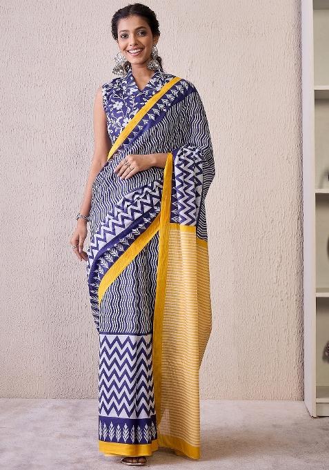 Blue Printed Cotton Blend Saree Set — view on Indya