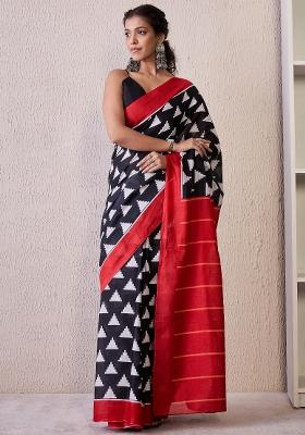 Black Printed Cotton Blend Saree Set