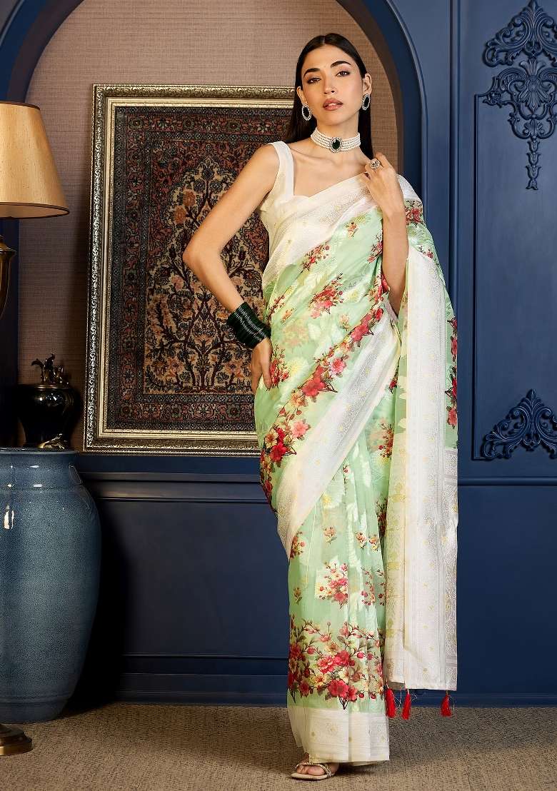 Sea Green Printed Cotton Blend Saree Set for Diwali and Festive Wear - Indya