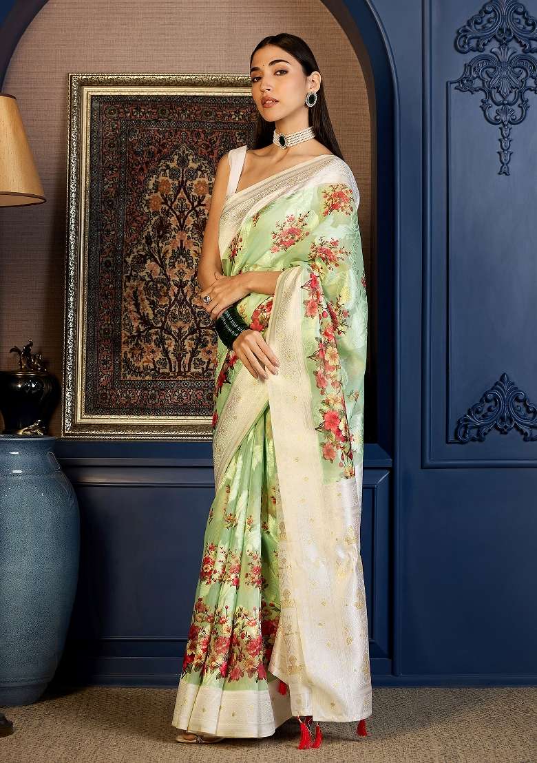 Sea Green Printed Cotton Blend Saree Set for Diwali and Festive Wear - Indya