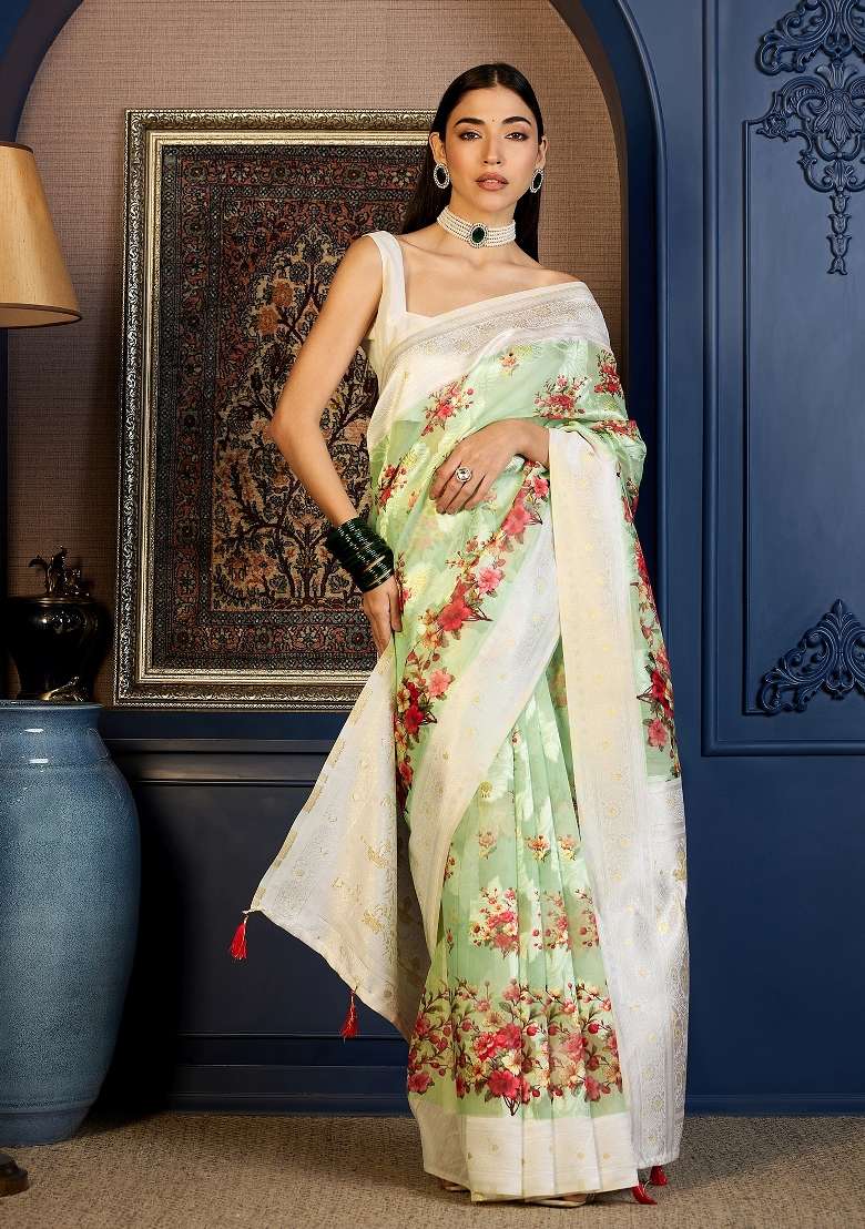 Sea Green Printed Cotton Blend Saree Set for Diwali and Festive Wear - Indya