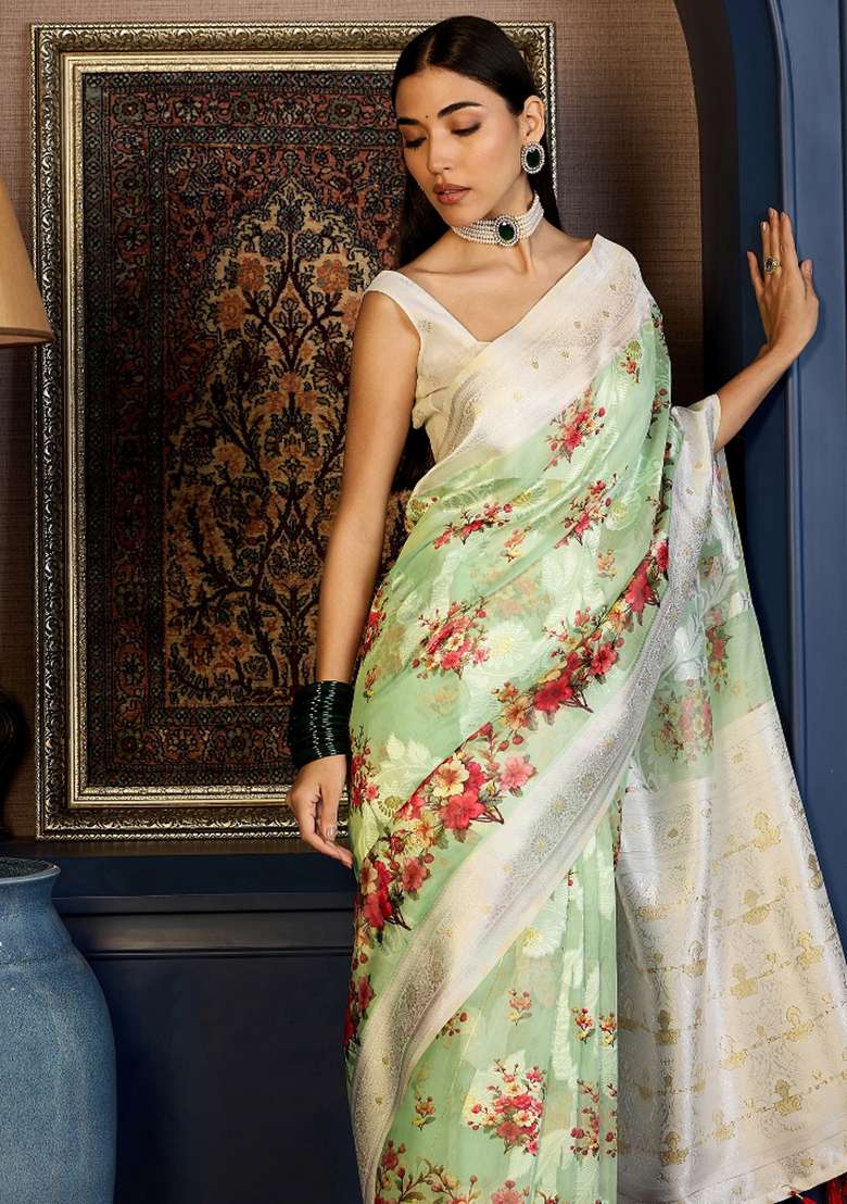 Sea Green Printed Cotton Blend Saree Set for Diwali and Festive Wear - Indya