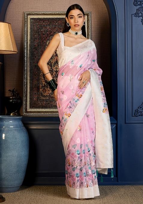 Pink Printed Cotton Blend Saree Set — view on Indya