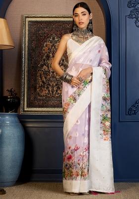 Lavender Printed Cotton Blend Saree Set
