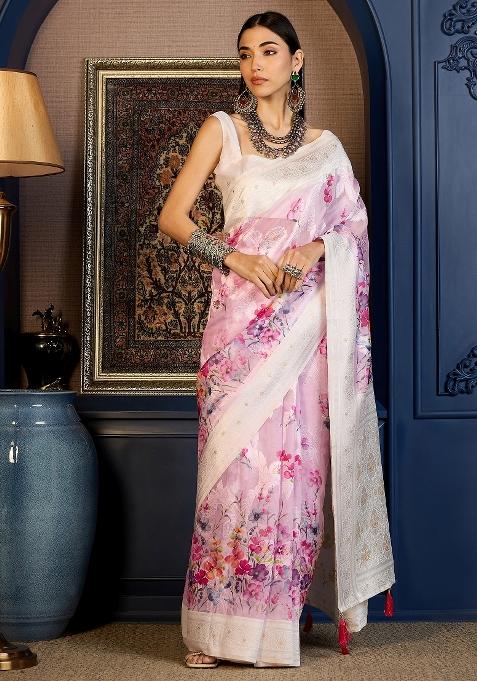 Pink Printed Cotton Blend Saree Set — view on Indya