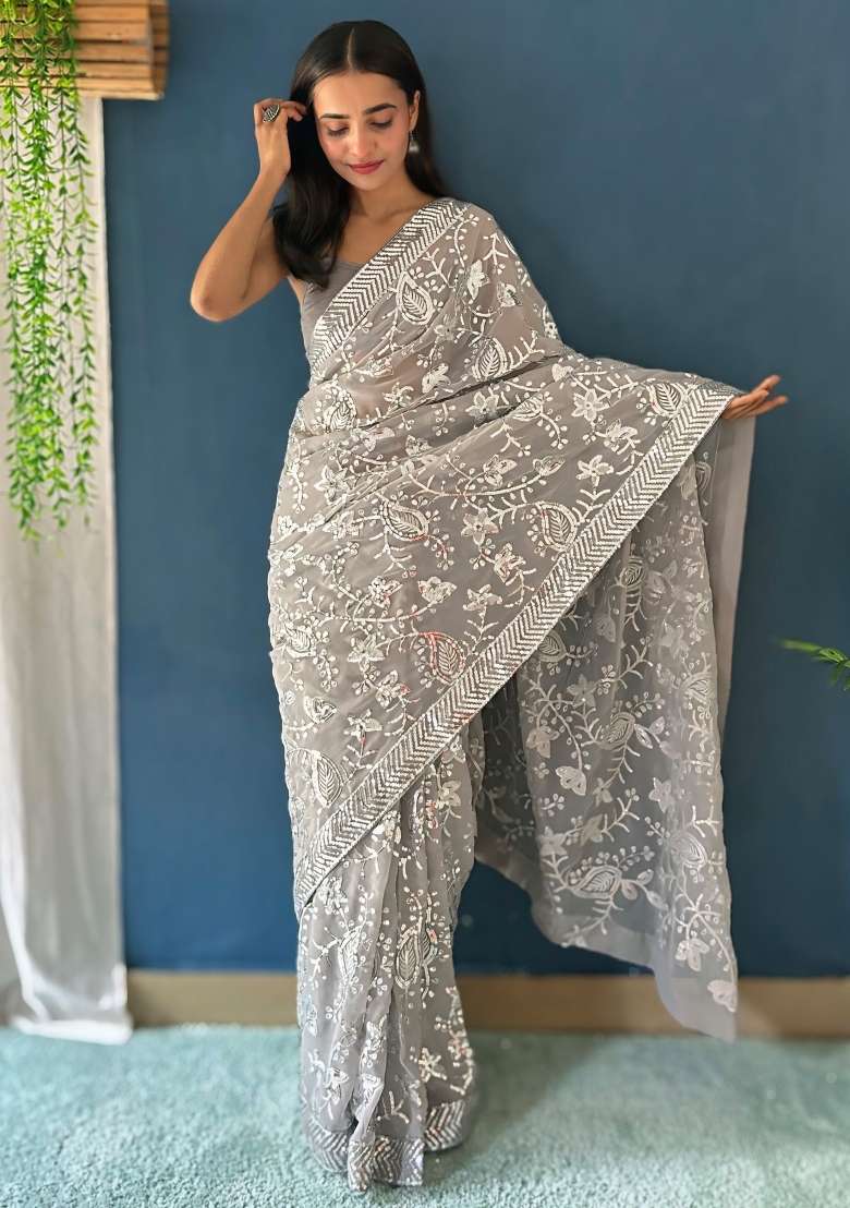 Grey Printed Georgette Saree Set - Indya