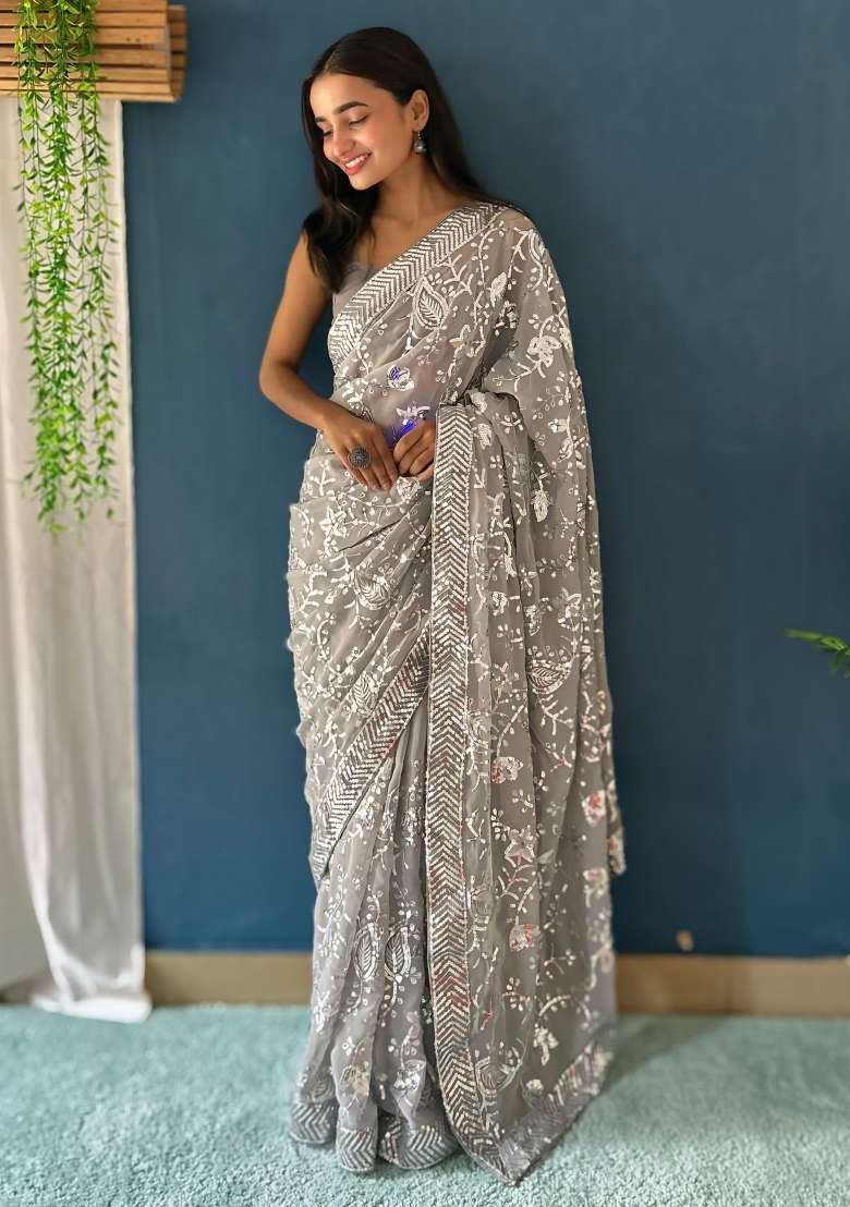 Grey Printed Georgette Saree Set - Indya