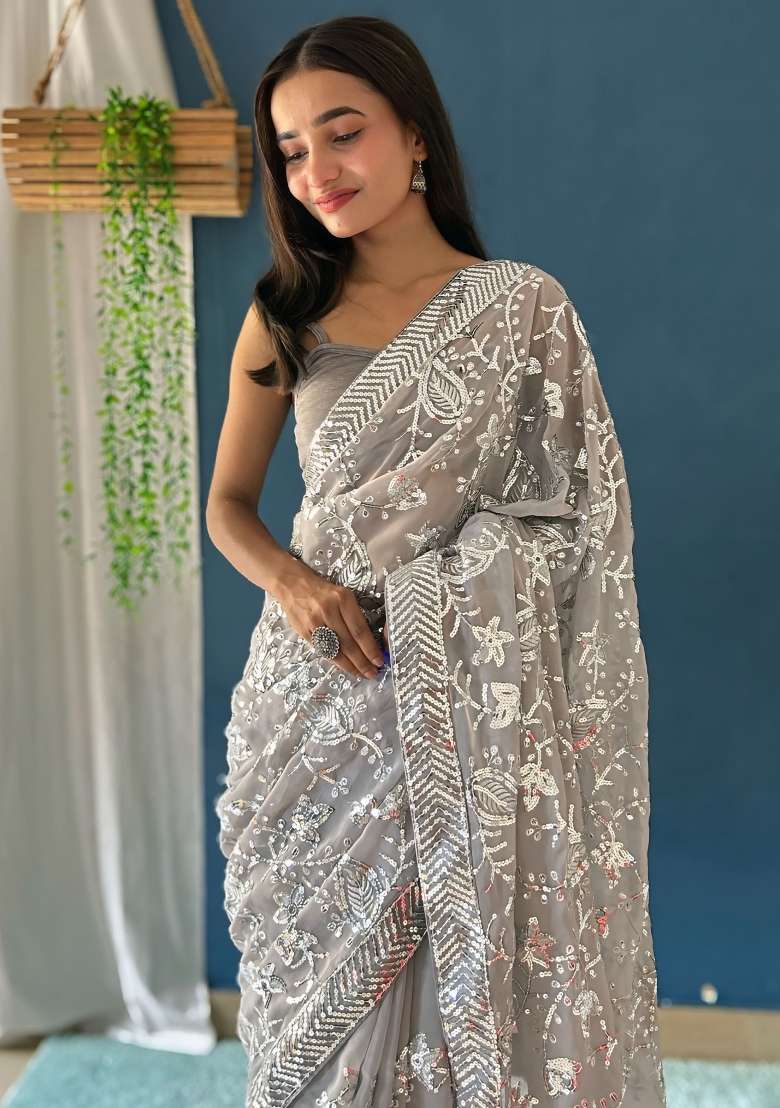 Grey Printed Georgette Saree Set - Indya