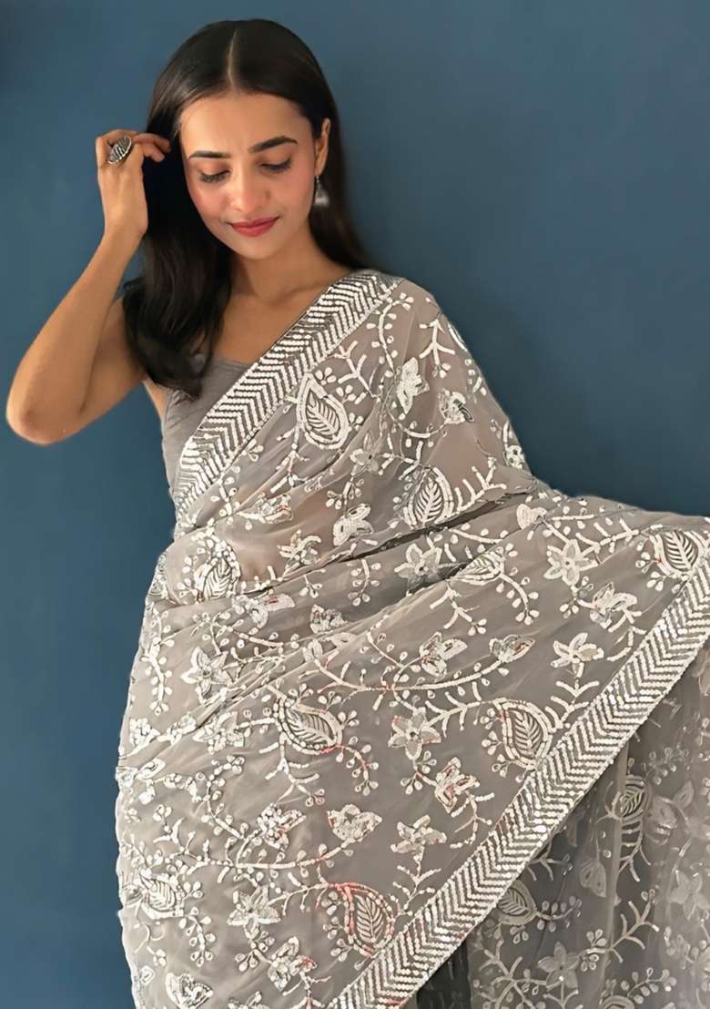 Grey Printed Georgette Saree Set - Indya