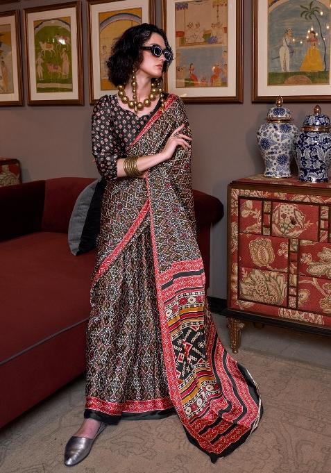 Black Printed Crepe Saree Set — view on Indya
