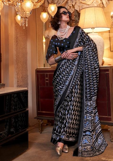 Black Printed Crepe Saree Set — view on Indya
