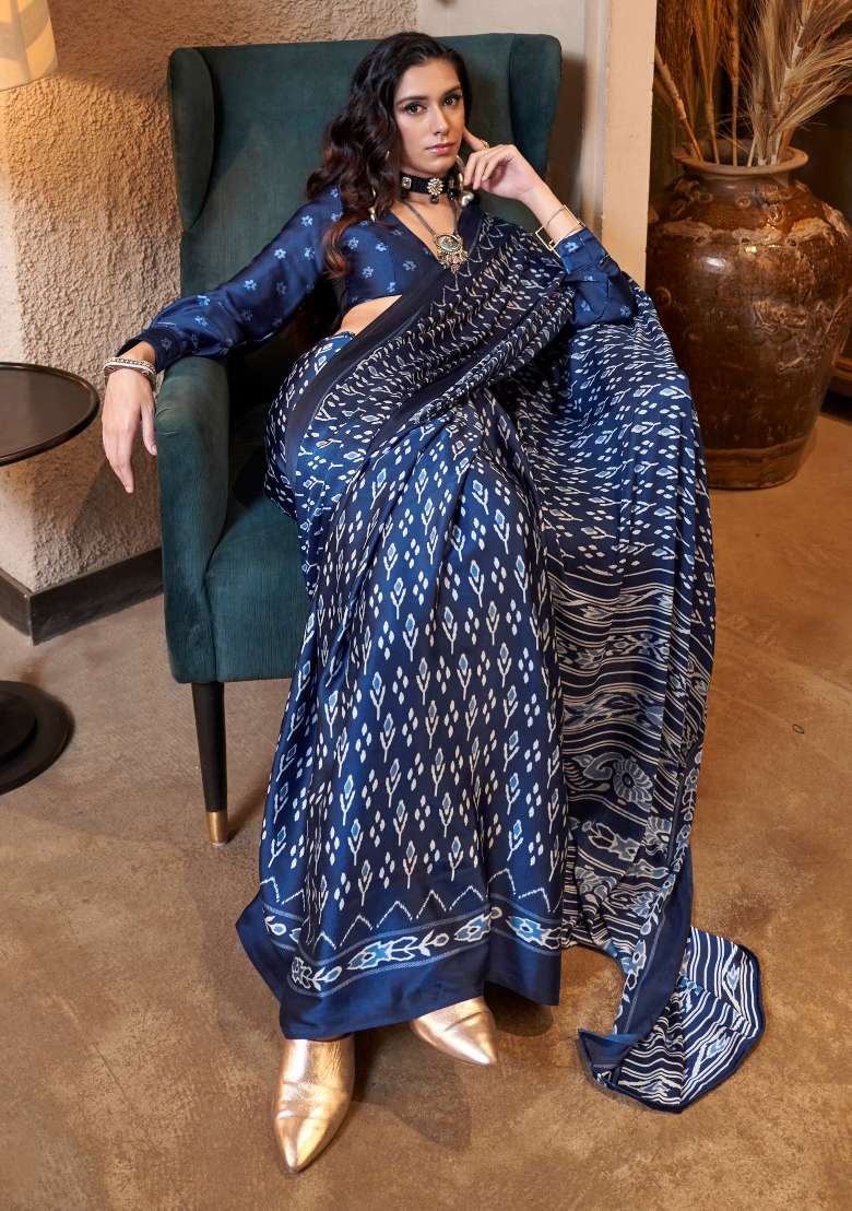 Dark Blue Printed Crepe Saree Set for Diwali and Festive Wear - Indya