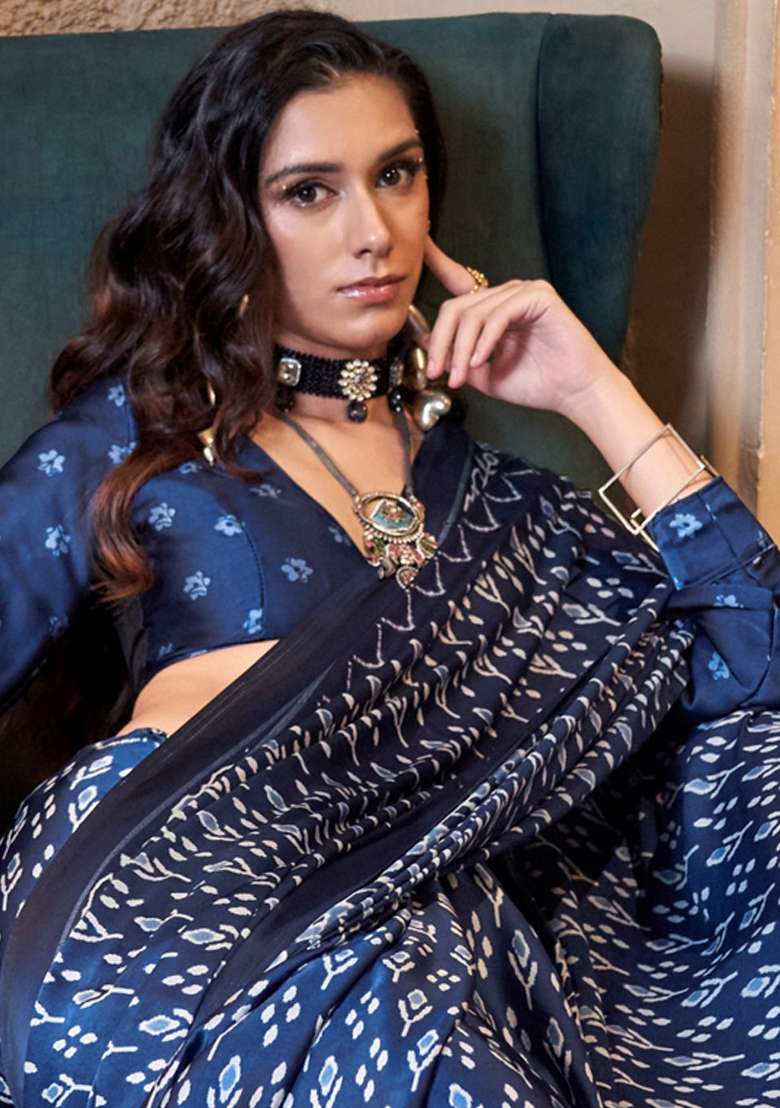 Dark Blue Printed Crepe Saree Set for Diwali and Festive Wear - Indya