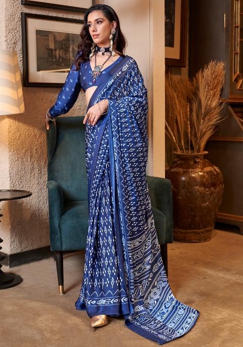 Dark Blue Printed Crepe Saree Set — view on Indya