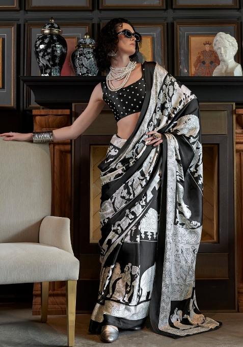 Black Printed Crepe Saree Set — view on Indya