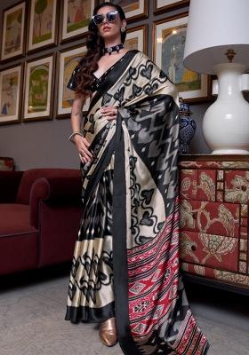 Beige Printed Crepe Saree Set