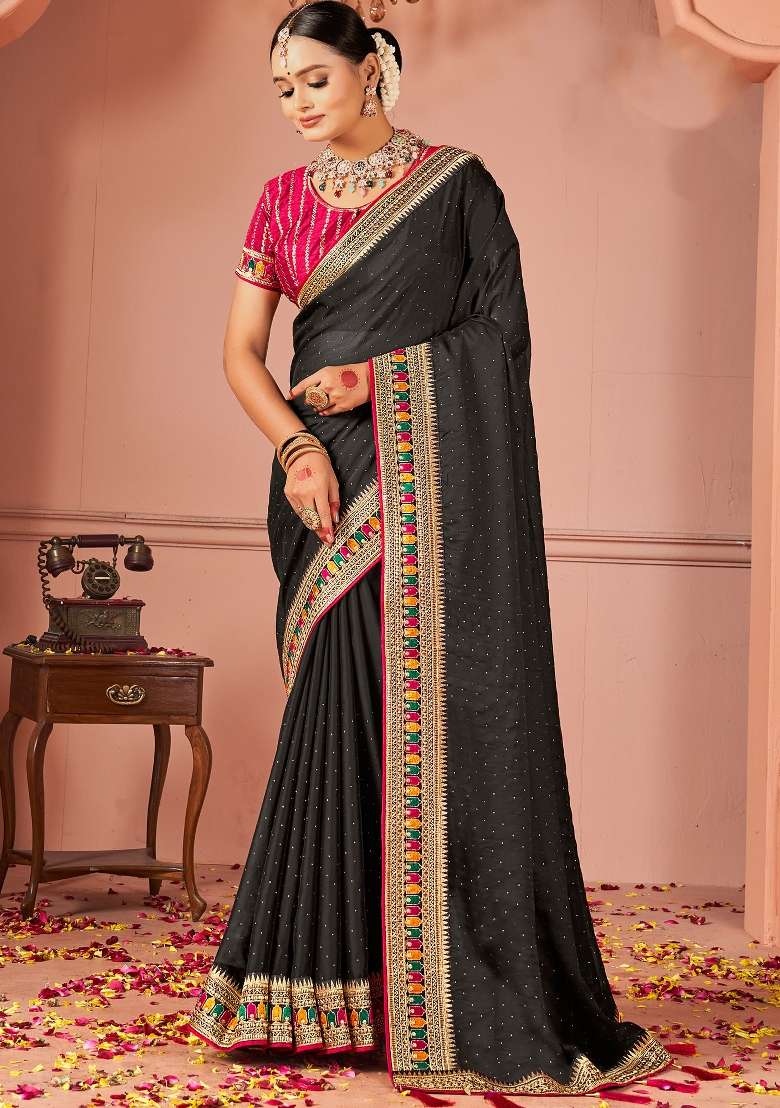 Black Printed Vichitra Silk Blend Saree Set for Diwali and Festive Wear - Indya