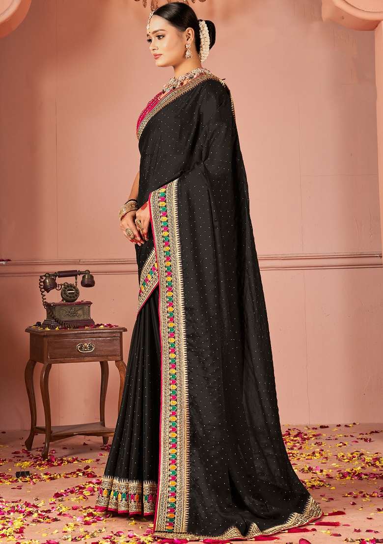 Black Printed Vichitra Silk Blend Saree Set for Diwali and Festive Wear - Indya