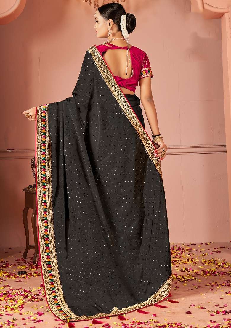 Black Printed Vichitra Silk Blend Saree Set for Diwali and Festive Wear - Indya